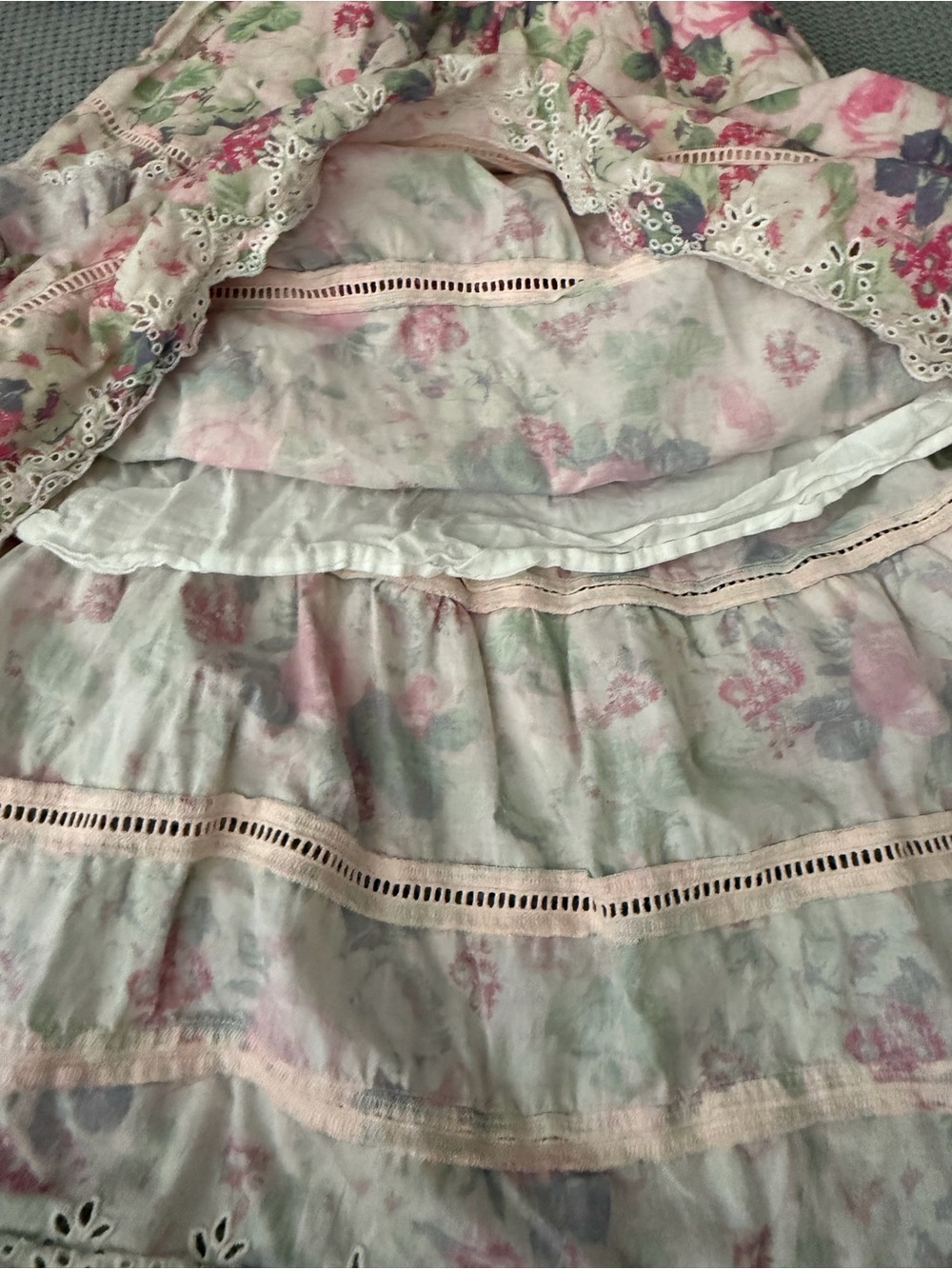 LoveShackFancy Naila Tiered Crochet Trimmed Floral Cotton Midi Skirt Pink Small - Picture 7 of 13